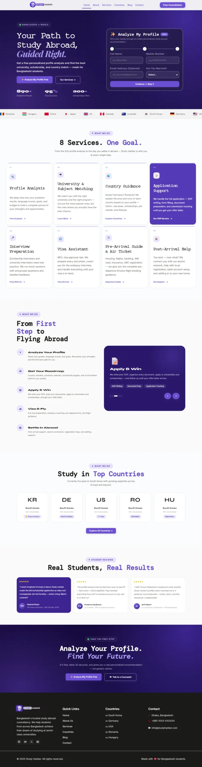 Study Hanker study in South Korea consultancy website, full homepage preview